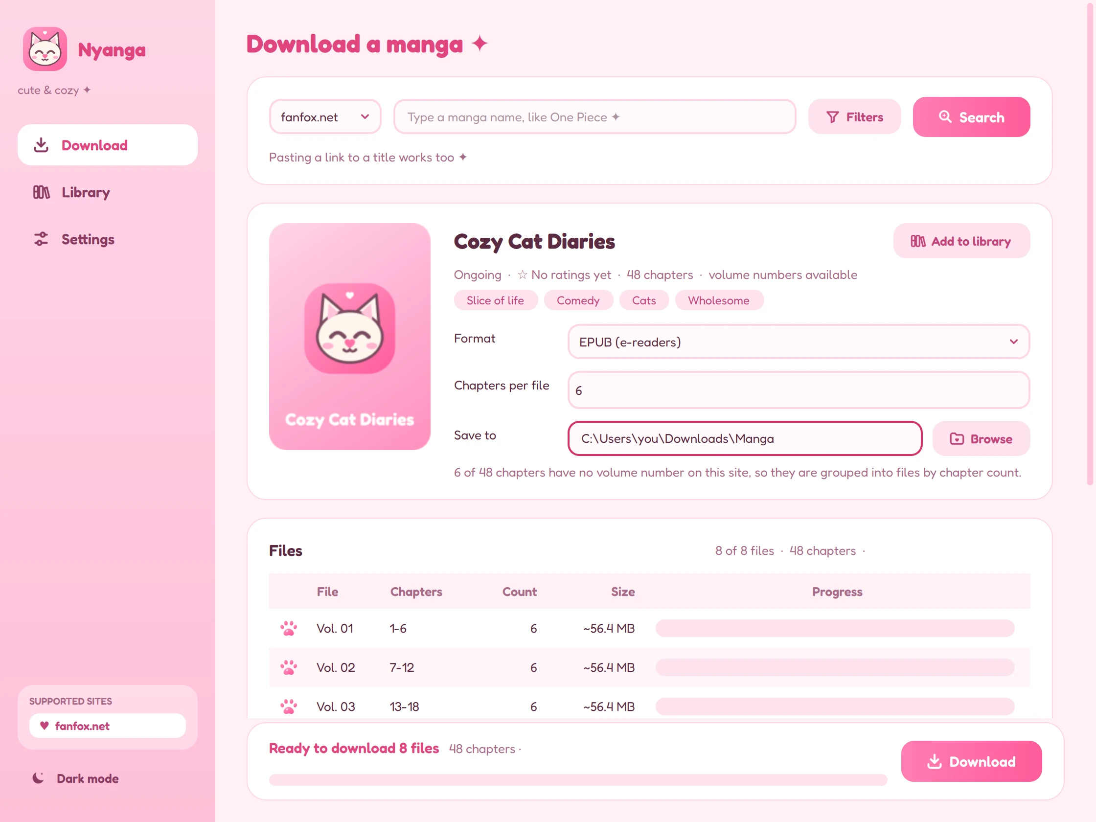 Nyanga's Download page with a manga looked up, ready to download 8 volumes