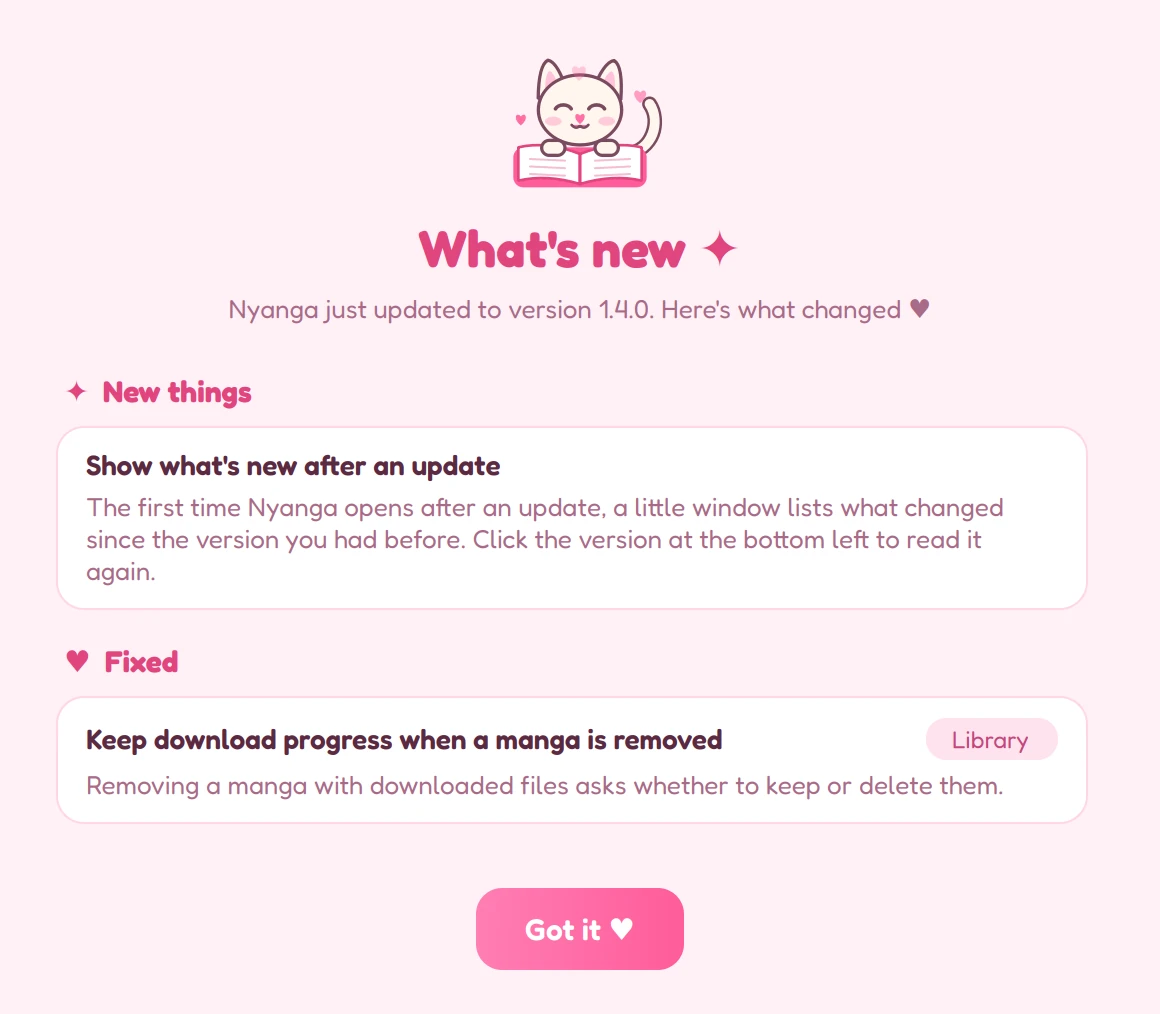 The What's new window listing a new feature and a fix in plain words